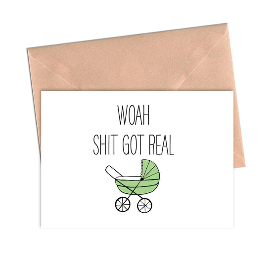 Funny Baby Shower Card Shit Just Got Real-Baby Shower Cards-Crimson and Clover Studio