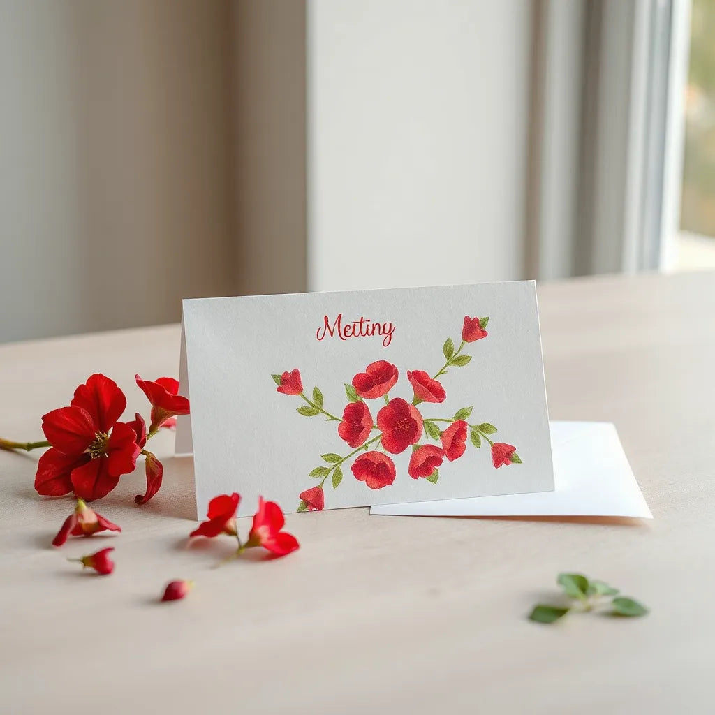 Crimson and clover floral greeting card with matching envelope on a softly lit tabletop