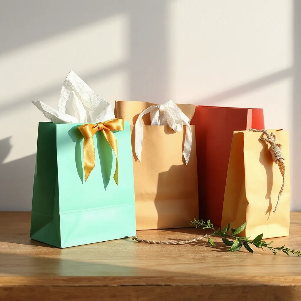 Assorted uniquely styled gift bags with ribbons and tissue paper on a clean tabletop