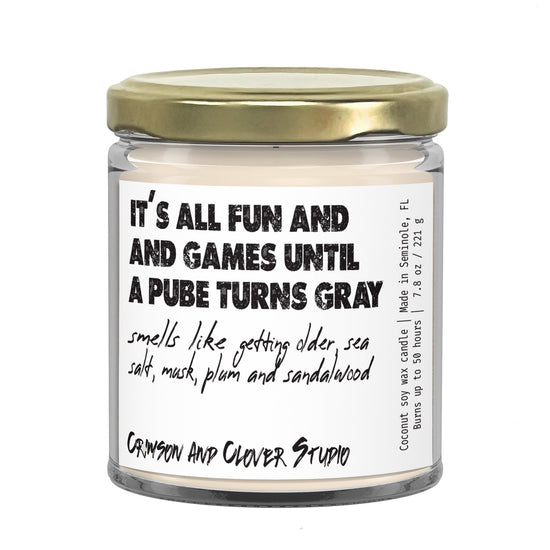 Funny Candle It's All Fun and Games Until a Pube Turns Gray Plum Sandalwood Candle-Candles-Crimson and Clover Studio