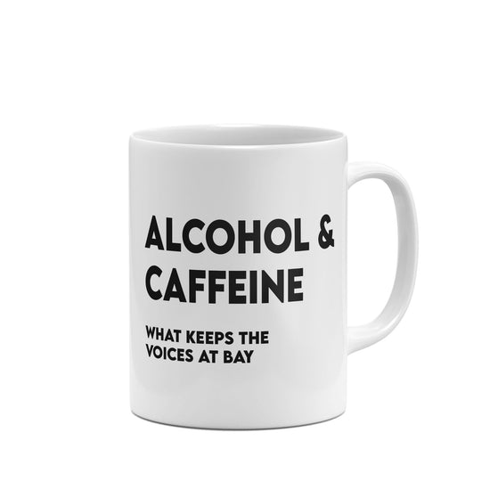 Funny Mug Alcohol and Caffeine What Keeps The Voices at Bay-Mugs-Crimson and Clover Studio