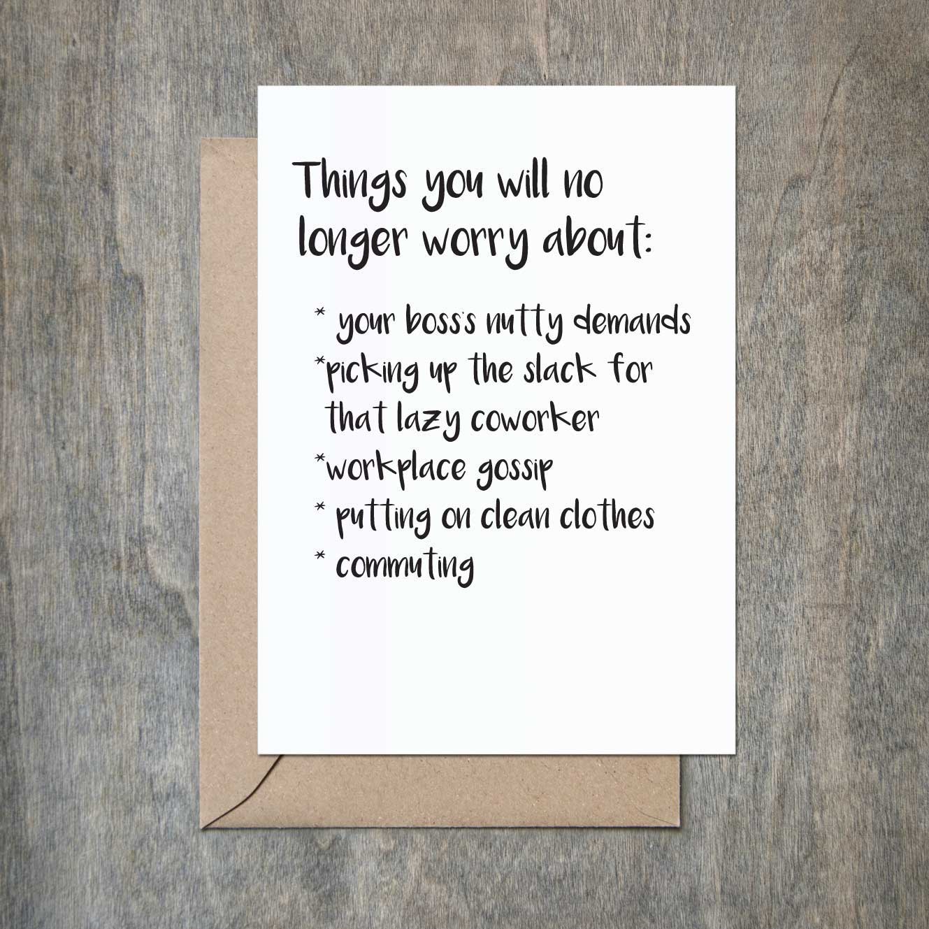Things You No Longer Worry About Funny Retirement Card | Crimson and Clover Studio things-you-no-longer-worry-about-funny-retirement-card-crimson-and-clover-studio