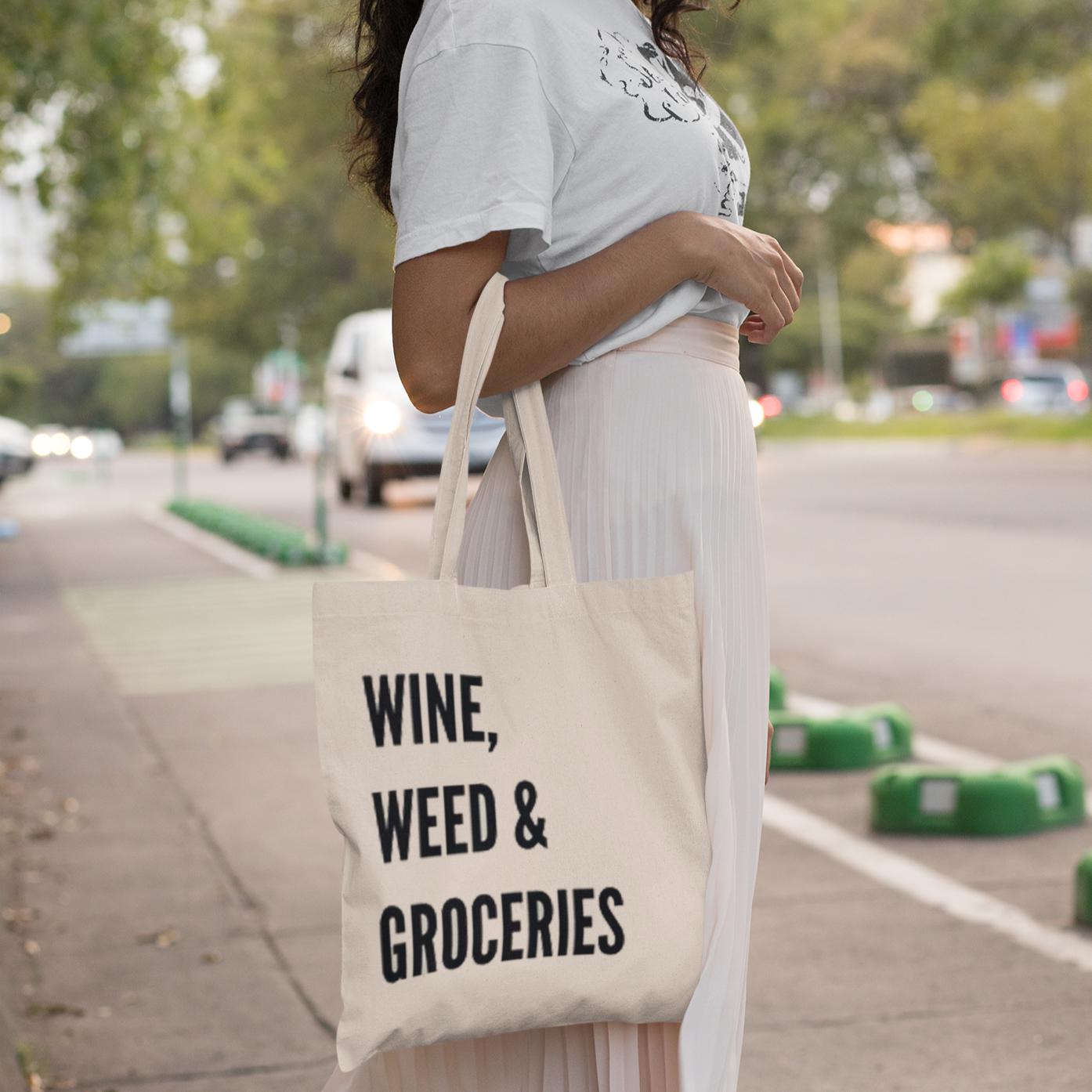 Wine, Weed & Groceries Funny Tote Bag-Totes-Crimson and Clover Studio